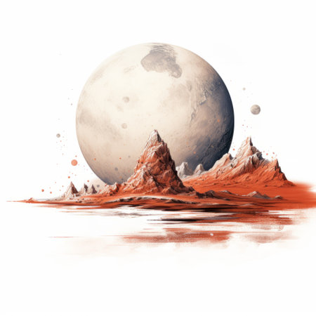 an orange-colored moon hovers over the ocean, resembling detailed science fiction illustrations. the moon, spray-painted in vibrant hues, stands out against isolated landscapes. the light beige and red tones create a mesmerizing contrast in the mountainous vistas. this artwork, created by aleksi briclot, is showcased against a white background. ai generatedの素材