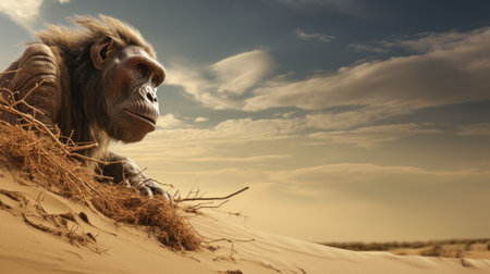 a chimpanzee stands in the desert, portrayed in a cinema4d rendering style. this environmental portrait captures the chimp's presence in 8k resolution, showcasing layered imagery with a touch of subtle irony. the scene features spiky mounds and dreamlike fantasy creatures, reminiscent of the artistic style of arthur sarnoff. ai generatedの素材