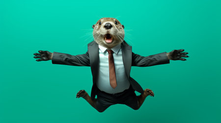 otter in business suit wearing tie and walking on a green background, in the style of mike campau. layered gestures and spirited movement reminiscent of philip mckay. teal color palette adds a touch of vibrancy to this uniformly staged image. the eco-kinetic theme is beautifully captured in this unique and eye-catching photograph. ai generatedの素材