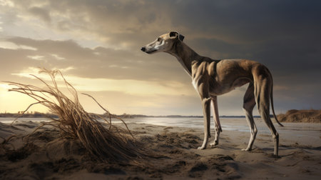 a dog on a beach, captured in a realistic still life with dramatic lighting. this intriguingly taboo image is rendered in unreal engine, showcasing life-like avian illustrations. the composition is influenced by the artistic style of hurufiyya, featuring a color palette of dark beige and sky-blue. enjoy this high-definition image. ai generatedの素材