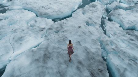 a group of adventurous women are seen exploring the stunning icebergs in iceland in this captivating stock image (007). the photo, captured from an aerial view, showcases the realistic yet ethereal beauty of the icy landscape. with its 8k resolution, the dreamy and romantic compositions are brought to life, featuring a mesmerizing color palette of maroon and aquamarine. this image is reminiscent of a sceneの素材