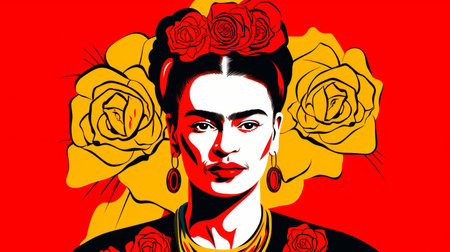 an illustration of frida kahlo, featuring red roses and a sunburst, showcases the iconic artist in a vibrant pop art style. the bold stencil technique and political print influences merge with contemporary turkish art, incorporating dark yellow and black tones. street art elements are incorporated, resulting in a digitally enhanced masterpiece. ai generatedの素材