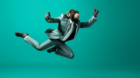 a businessman in a suit and tie is captured mid-jump in this 3d skepticism abstract image. the artwork combines elements of characterful animal portraits, wildlife photography, and junglecore aesthetics. the color palette features shades of gray and cyan, with saturated colorism enhancing the visual impact. this installation-based piece showcases minimal retouching, allowing the raw energy of the subject to shine through. ai generatedの素材