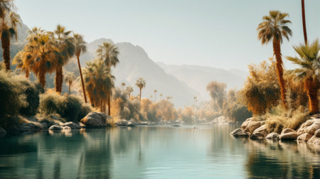 a photo of indiana state palm springs park captures the serene beauty of the desert water park. the image showcases palm trees and grass valley, reminiscent of jessica rossier's style. the orientalist imagery is enhanced by the light aquamarine and gold tones, creating a calming atmosphere. inspired by jean auguste dominique ingres, the photo exudes a hazy romanticism with its nature-inspired imagery. ai generatedの素材