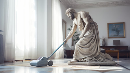 a neoclassical-themed statue of a man vacuuming the indoor floor in a living room. this unique sculpture combines rollerwave, reimagined religious art, and historical references. the artist's use of the olympus xa2 camera and solarizing master technique adds an intriguing touch to the piece, while the abrasive authenticity of the artwork makes it truly captivating. ai generatedの素材