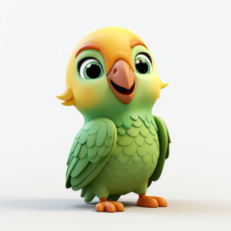 a photo of a detailed character design animation featuring a green bird figurine. the style is photo-realistic with light yellow and orange colors. the bird has shiny eyes, giving it a captivating look. this unique artwork combines elements of babycore and punctuated caricature. the photo can be found on flickr. ai generatedの素材
