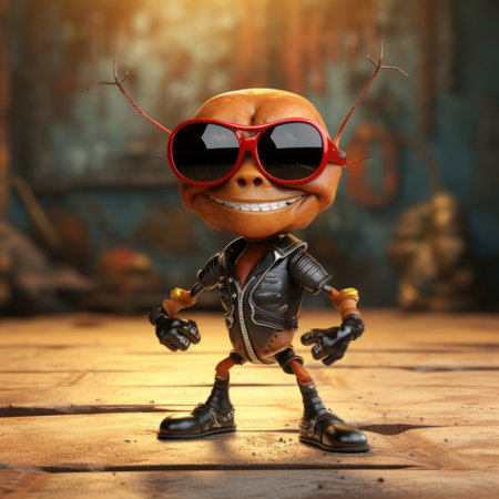 a small cartoon character wearing sunglasses sits on a wooden surface in this hyper-detailed and realistic rendering. the steelpunk-inspired character is made entirely of insects, creating a unique and charming visual. the image showcases a dark orange color palette and is beautifully lit, making it an eye-catching and captivating piece of art. ai generatedの素材
