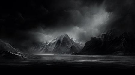 black silhouette of mountains and dark clouds, in the style of fantasy-inspired art, featuring light silver and dark black hues. the hyper-realistic water adds depth to the otherworldly scenes, evoking a sense of pensive stillness. this captivating image showcases the breathtaking beauty of norwegian nature, skillfully rendered in unreal engine. ai generatedの素材