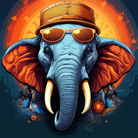 a cartoon elephant wearing sunglasses stands against a vibrant sunset backdrop. this hyper-detailed portrait showcases bold color choices and draws inspiration from various art styles such as wildstyle, 2d game art, and balinese art. the imaginative character and innovative page design make this artwork truly captivating. ai generatedの素材