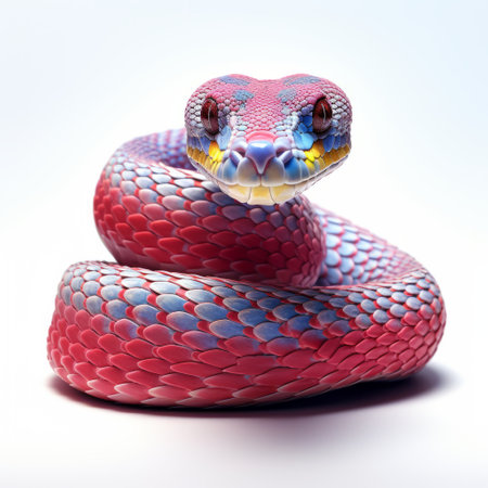 a tritone snake, with vibrant colors of dark pink and light indigo, is depicted on a white background. this hyper-realistic sci-fi style artwork showcases the snake's intricate details and textures. created using maya and konica big mini, this hyper-realistic animal illustration captivates with its precision and lifelike portrayal. ai generatedの素材