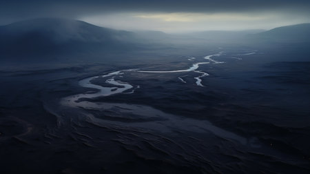 a large mountain landscape with a river flowing below, featuring gothic dark and moody tones. the aerial abstractions captured by the carl zeiss distagon t 15mm f2.8 ze lens create a unique perspective. delicately rendered landscapes showcase smooth and curved lines, while the desertwave influence adds an intriguing touch. the luminescent color scheme enhances the overall atmosphere. ai generatedの素材
