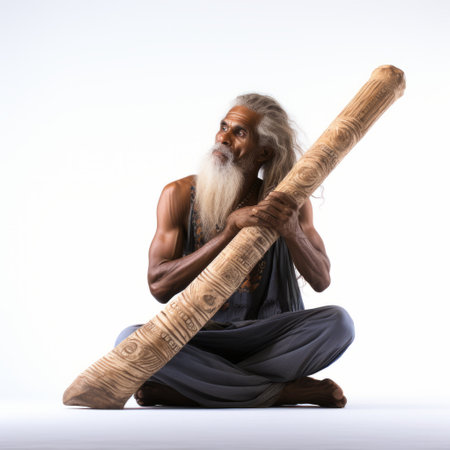 an old man with a long white beard sits gracefully, holding a large stick, showcasing the artistry of eco-friendly craftsmanship. this image captures the essence of indian traditions, with its symmetrical balance and meticulous attention to detail. the man's wrapped attire adds to the sense of exacting precision, creating a captivating performance. ai generatedの素材