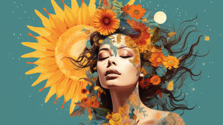 a woman wearing a vibrant sunflower costume stands out in this photo. the composition is layered and complex, with sun-kissed palettes and realistic depictions. the colors of dark cyan and light amber add depth to the image. the grandiose portrait captures the idealized beauty of the subject. this uhd image showcases the intricate details of the costume and the woman's expression. ai generatedの素材