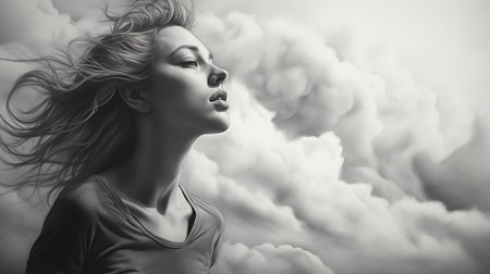 a girl gazes at the clouds in the sky, captured in a hyper-detailed monochrome painting. this realistic portrait, created using zbrush, showcases the artist's skill in capturing strong facial expressions and intricate details. the large canvas size allows for a captivating viewing experience, while the juxtaposition of hard and soft lines adds depth and complexity to the artwork. ai generatedの素材