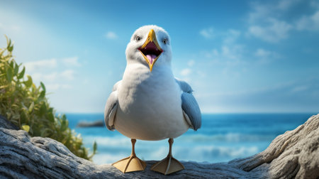 cartoon seagull on shore with open mouth, rendered in maya, imax style. soft-focus, realistic depiction of lighthearted snapshot. iconic hollywood stars and solarizing master influences evident. ai generatedの素材