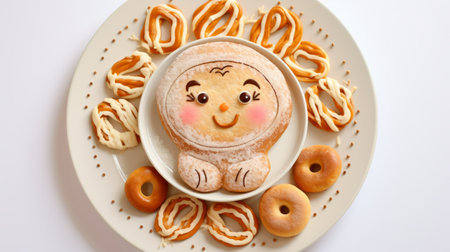 a platter of christmas donuts featuring a cookie doll, inspired by japanese traditional art. the donuts are beautifully decorated with a light white and light amber color palette. the doll has a strong facial expression, reminiscent of moche art. the design also incorporates elements of tangled nests and showcases freehand painting techniques using traditional methods. ai generatedの素材