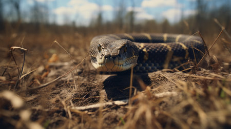 a snake slithers through a field surrounded by numerous sticks, creating a captivating scene. the image showcases an anamorphic lens flare effect, adding a touch of artistic style. the snake's presence is hyper-realistic, captured with the lensbaby velvet 56mm f16. the color palette consists of dark gray and azure tones, reminiscent of the works of aleksandr deyneka. the photo also highlights realistic textures, while theの素材