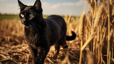 a black cat stands in a field, captured in a free stock photo. this high-quality, uhd image showcases a horror-inspired scene, taken with a sony alpha a7 iii camera. the redscale film adds a unique touch to the dutch tradition and wimmelbilder style. the close-up shot highlights the cat's features. ai generatedの素材
