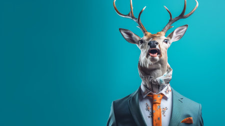 a deer wearing a business suit and antlers stands against an orange background. this playful studio portrait, with its dark turquoise and dark white color scheme, showcases maximalism and creative body manipulations. captured in 32k uhd resolution, this unique image is perfect for those seeking a whimsical and eye-catching aesthetic. found on flickr, it combines shades of gray and emerald for a visually striking composition.の素材