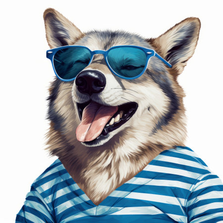 a dog wearing sunglasses and a striped shirt, depicted in a hyperrealistic illustration style. this aggressive digital illustration, inspired by the works of ryan hewett, showcases a joyful and optimistic vibe. the color palette of gray and azure adds a fashionable touch to the geometric animal figure. ai generatedの素材