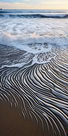 waves crash on the sandy beach, creating mesmerizing layered patterns. this national geographic photo captures the streamlined forms of the waves, reminiscent of the artistic style of ivan albright. ai generatedの素材