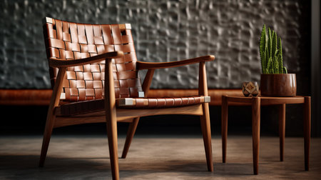 a wooden vintage chair with a cactus on the ground is depicted in this 3d render by mrv_mashup. the chair is designed in the style of leatherhide, featuring dark amber and beige tones. the woven color planes add a unique touch to the design, inspired by the detail-oriented approach of kengo kuma. this texture-rich piece embodies the essence of american mid-century design. ai generatedの素材