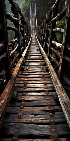 an old broken bridge picture is available for download, showcasing an adventure-themed style with dark indigo and brown tones. the photo captures intricate woodwork and features a wide-angle lens, providing a romanticized depiction of wilderness. the image is highly detailed, emphasizing the contrast of scale. ai generatedの素材