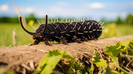 black caterpillar on grass, isolated on a white background, resembling surrealistic ceramic sculptures. the spiky mounds create a unique visual effect. this close-up shot by caras ionut captures the intricate details of the caterpillar. the image has a surrealistic touch, reminiscent of the surrealistic installations by matthias haker. a high-resolution uhd image that showcases the beauty of nature in an artistic way. ai generatedの素材