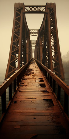 old road bridge on a foggy day in new york city. the image showcases a unique style with light orange and dark brown tones, capturing trapped emotions. the forced perspective adds depth to the highly detailed scene, featuring rusty debris. this creative commons attribution photo offers a captivating view of an atmospheric urban setting. ai generatedの素材