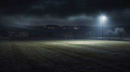 the photo captures a broken light on a pitch at night, showcasing layered and atmospheric italian landscapes. shot with a zeiss milvus 25mm f/1.4 ze lens, the image portrays realistic landscapes with soft, tonal colors. the high-key lighting adds to the photorealistic rendering, creating a captivating scene. this stunning shot was taken on 70mm film. ai generatedの素材