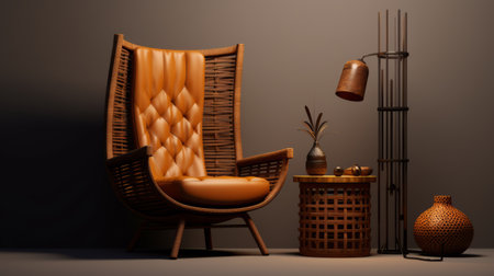 a chair with cartoonish features is placed beside a wicker lamp, creating a unique and exotic ambiance. the lamp, in the style of zbrush, emits a warm amber glow, complementing the brown leatherhide of the chair. this realistic yet stylized composition showcases a blend of artistic elements. ai generatedの素材