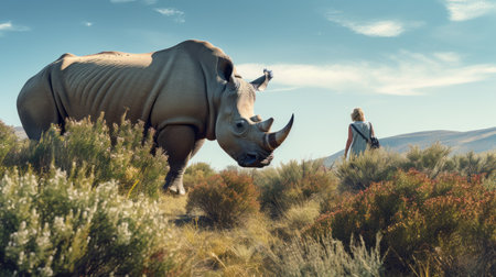 a rhino stands majestically in a field, surrounded by surreal 3d landscapes. this epic portraiture captures the essence of iconic hollywood stars, merging photobashing techniques to create a unique and artistic reportage. the soft and romantic landscapes add a touch of adventure to this captivating image. ai generatedの素材