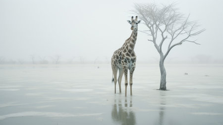 a majestic giraffe gracefully stands amidst a dense thicket, creating a misty atmosphere in this stunning photograph. captured in the style reminiscent of nadav kander and andreas achenbach, the image showcases hyper-realistic water and serene, tranquil scenes. this uhd image is reminiscent of the captivating photography often seen in national geographic. ai generatedの素材