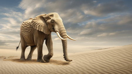 an elephant gracefully strolls through a vast desert landscape, captured in a photorealistic style. this stunning photograph showcases the intricate details of the majestic creature, while also hinting at the presence of fantastical elements. the high resolution and meticulous attention to detail make this portrait a true masterpiece, reminiscent of the works of adonna khare. the ivory tusks of the elephant add a touch ofの素材