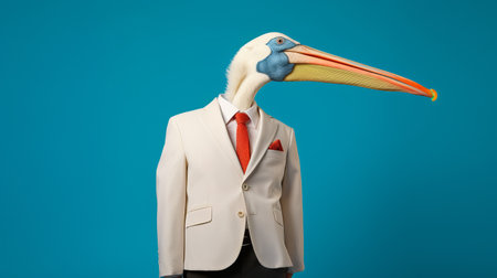 a stuffed pelican, dressed in a business suit, is captured in a surreal portraiture style. this editorial illustration showcases formalist aesthetics and photo-realistic techniques. the juxtaposed imagery creates an elegant and emotive face, while the light azure and red tones add depth to the composition. ai generatedの素材