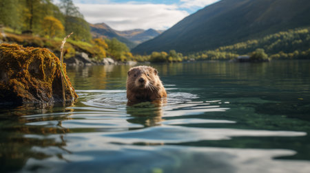 a small beaver stands in the waters of a lake, showcasing the stunning style of max rive, pegi nicol macleod, and thomas kinkade. this documentary travel photograph captures the beauty of mountainous vistas with selective focus. the playful and fun imagery adds an extra touch to this captivating scene. ai generatedの素材