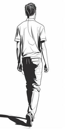 a cartoon vector art of a man in a black uniform walking is depicted in this vector illustration. the artwork is created in the style of delicate ink lines, showcasing black and white realism. it incorporates elements of hip-hop style and reflects a mix of masculine and feminine characteristics. the man is portrayed in a slumped and draped posture. the image has a resolution ofの素材