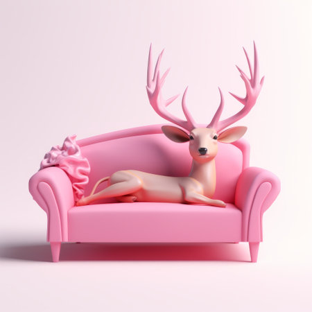 a pink couch adorned with a deer sculpture, showcasing the artistic style of zbrush. this elegant piece captures the subjects in a frontal perspective, reflecting influences from kimoicore and toyism. the naturalistic poses of the deer add a touch of realism to this visually striking composition. ai generatedの素材