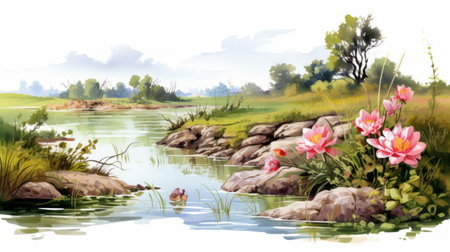 a stunning landscape portrait featuring birds in high definition. this artwork is inspired by the romantic riverscapes and incorporates flower and nature motifs. it draws influence from the artistic styles of dansaekhwa and dao trong le, resulting in isolated landscapes with hyper-realistic water. the vibrant colors and cartoon-like style add a unique touch to this captivating piece. ai generatedの素材