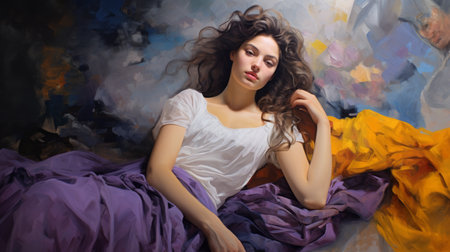 a painting of a woman lying down is depicted in vibrant purple and orange hues. the style resembles that of a realistic portrait painter, evoking a sense of romantic emotion. the color palette includes light navy and yellow accents, enhancing the beauty of the woman and the flowing fabrics. this dreamy portrait is created using oil on canvas. ai generatedの素材