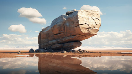 a surreal 3d landscape featuring a rock suspended in mid-air, surrounded by clouds. the image showcases curved mirrors and the artistic style of zbrush, creating a dreamlike and surreal atmosphere. the rock, resembling an archaeological object, is perfectly balanced in an asymmetric manner, adding to the overall grace and intrigue of the composition. ai generatedの素材
