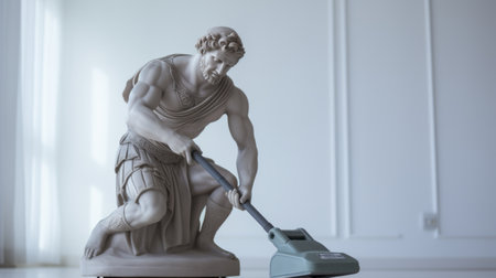 a neoclassical tabletop photograph featuring a statue holding a mop in its lap. inspired by the precision painting of hercules seghers, this image captures the crisp and clean aesthetic of the neoclassical era. with a touch of technological marvels, the statue exudes an abrasive authenticity that is both captivating and intriguing. ai generatedの素材