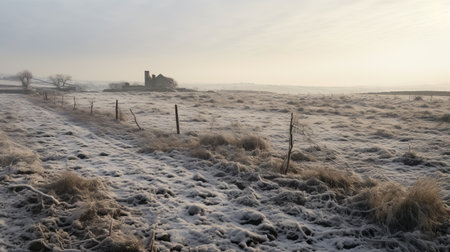 a winter landscape with snow-covered ground and frost surrounding a building, reminiscent of suffolk coast views. the image captures haunting structures in the style of hans thoma, using the carl zeiss distagon t 15mm f/2.8 ze lens. the uhd image showcases fantastical ruins made of mist, creating a mesmerizing and ethereal atmosphere. ai generatedの素材