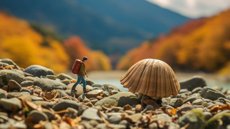 a figurine stands amidst a rocky area, enveloped by vibrant autumn colors. inspired by the style of hayao miyazaki, this photo captures a hyperrealistic portrayal of marine life. with a photojournalistic approach reminiscent of stevan dohanos, the scene exudes an adventure-themed atmosphere. the enchanting mushroomcore aesthetic is enhanced by the mesmerizing bokeh effect. ai generatedの素材