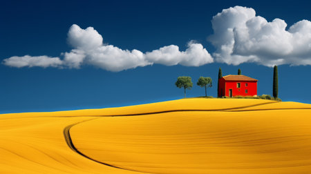 cloudy blue sky with a red road cutting through a yellow landscape, reminiscent of italian landscapes. the scene evokes the nostalgic charm of windows xp wallpapers, showcasing a pastoral landscape with intricate world-building. the vibrant colors of yellow and red create a romantic and dramatic atmosphere, reminiscent of mediterranean landscapes. ai generatedの素材