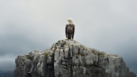 bald eagle perched on rocky terrain, captured in the artistic style of alec soth, gabriel metsu, and sven nordqvist. this photograph showcases the majestic bird in a symmetrical composition, reminiscent of the american barbizon school. with elements of environmental activism and the intricate detail of wimmelbilder, this image encapsulates the beauty and significance of the bald eagle in its natural habitat. ai generatedの素材
