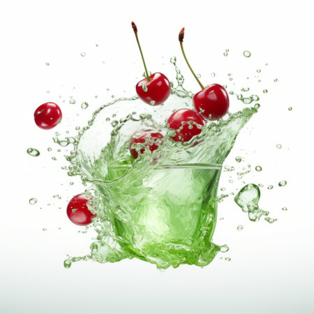 a cup overflows with cherries as a vibrant liquid splash surrounds them. the image showcases a blend of natural and man-made elements, with a light green and light emerald color scheme. the ultra-realistic depiction captures the essence of wimmelbilder, combining light red and dark green tones. this visually stunning photo embodies the unique styles of icepunk and tumblewave. ai generatedの素材