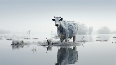 a cow stands in a frozen water, creating a mesmerizing reflection. this photograph showcases layered imagery with subtle irony, capturing the misty atmosphere reminiscent of dutch landscapes. the image is digitally manipulated, resulting in a dark white and light azure color palette. the quirky character of the cow adds an intriguing element to this 32k uhd photo. ai generatedの素材