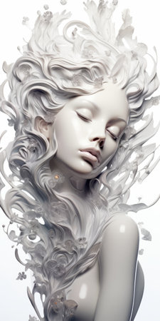 a photo of a white-haired woman with a bowed head, showcasing a unique hairdo that combines realistic and fantastical elements. the style of the hairdo features organic fluid shapes, reminiscent of rococo-inspired art. this high-resolution image is captured in 32k uhd, highlighting hyper-realistic water and the shiny, glossy appearance of the woman's hair. the overall composition emphasizes organic and flowing forms. ai generatedの素材