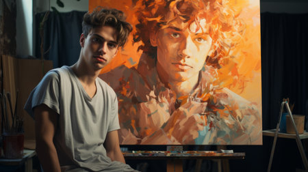 a young man with orange hair stands by an easel, creating hyperrealistic portraits with a warm color palette. his light-infused paintings showcase intricate compositions and soft lighting, reflecting the style of an appropriation artist. with his speedpainting techniques, he brings life to his subjects in a unique and captivating way. ai generatedの素材